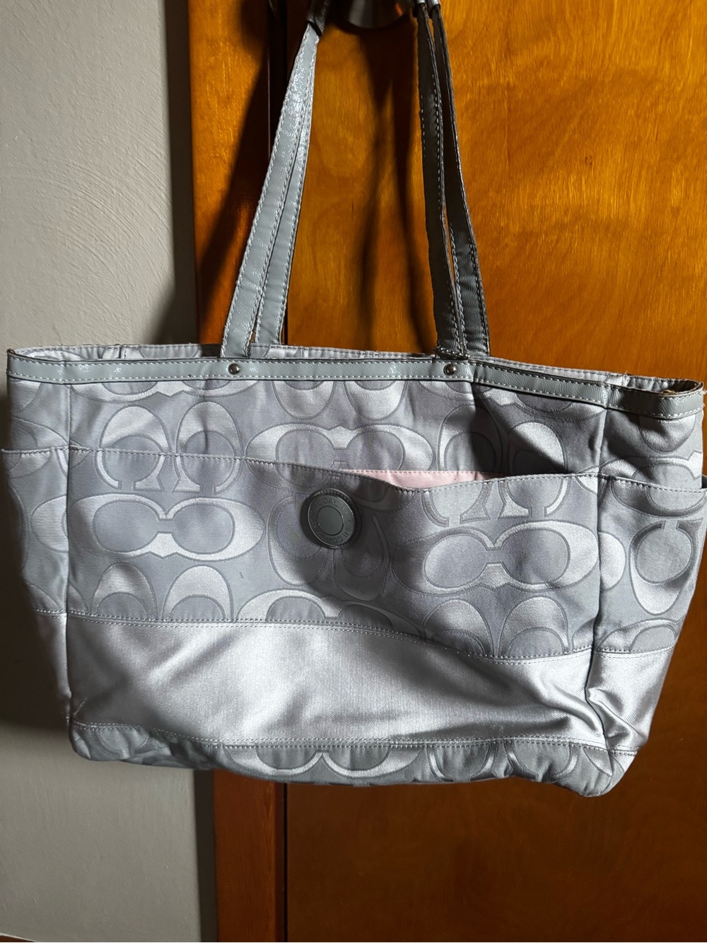 Coach Silver Signature Tote with Pale Pink Trim